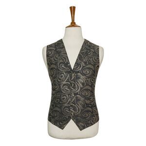 Mens 46R Black Gold Jacquard Swirl Pattern Vest Waistcoat Wedding Party Formal